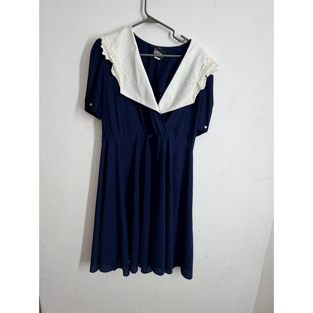 Vintage Whirlaway Frocks Navy Blue Lace Sailor Collar Dress Pearl Button 12P USA